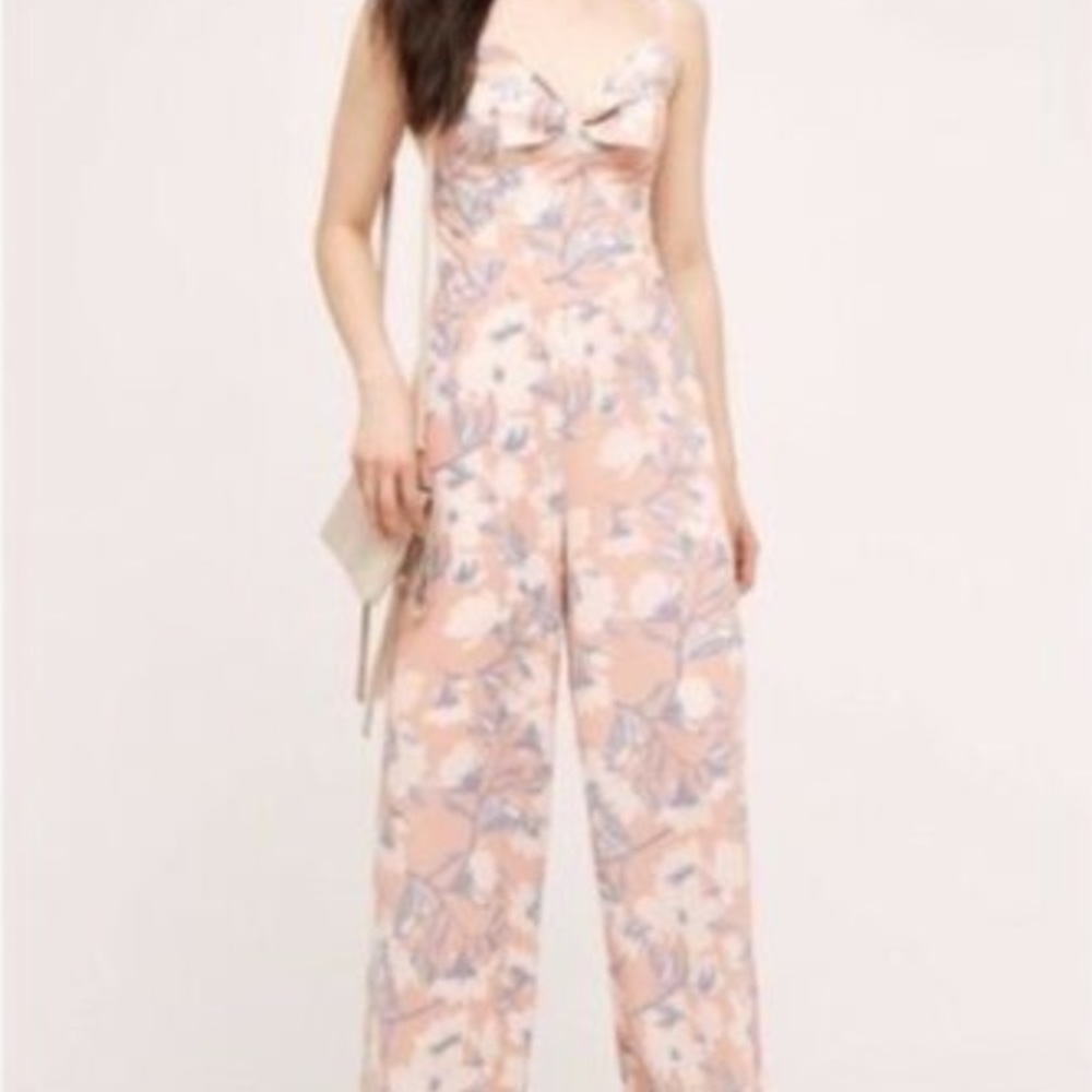 Anthropologie Paper Crown Bowed Peach Floral Jumpsuit - Medium